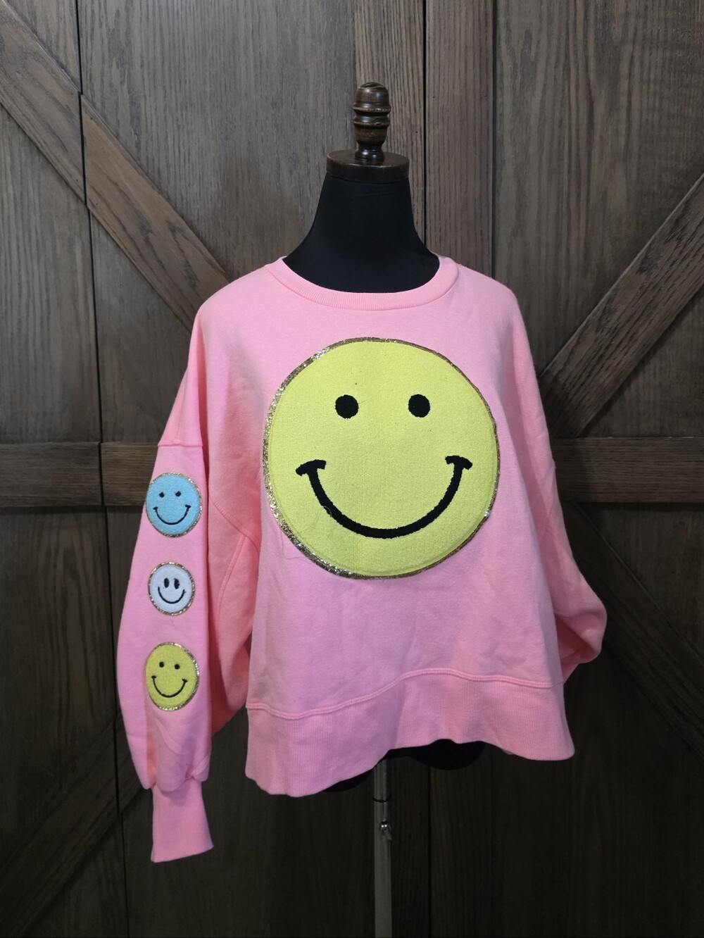 Judith March Pink Crewneck Sweatshirt with Yellow Smiley Patch